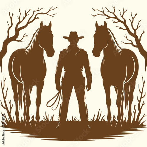 Silhouette of a Cowboy Standing Between Two Horses in a Stylized Western Landscape