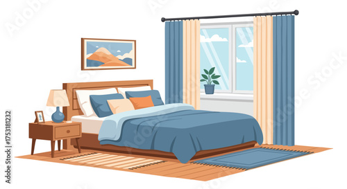Cozy bedroom interior illustration displaying comfort with a tranquil window view and a calming color palette creating a relaxing atmosphere
