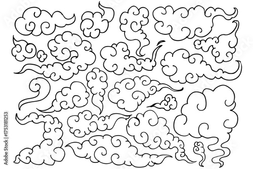 和風の雲アイコンセット｜モノクロ瑞雲・中華風デザイン・装飾素材