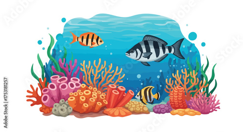 Vibrant underwater world teeming with marine life amidst colorful coral reefs illustration