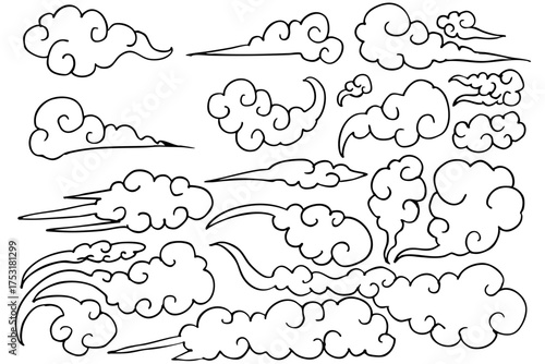 和風の雲アイコンセット｜モノクロ瑞雲・中華風デザイン・装飾素材