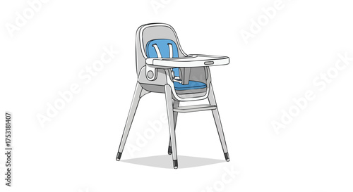 Modern baby high chair for infant feeding featuring minimalist design and blue cushion accents