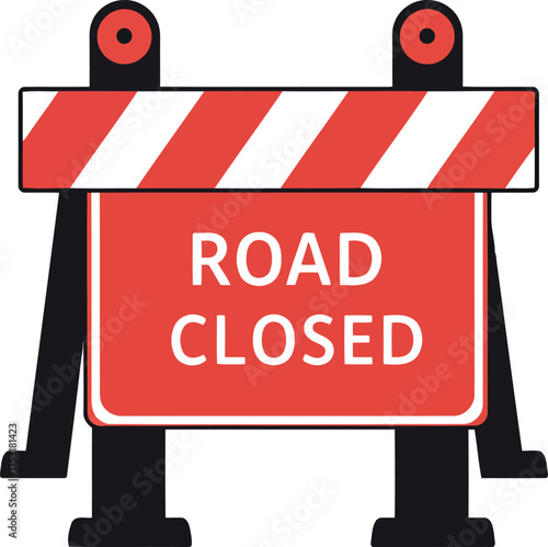 Red road closed barrier safety warning construction traffic sign vector