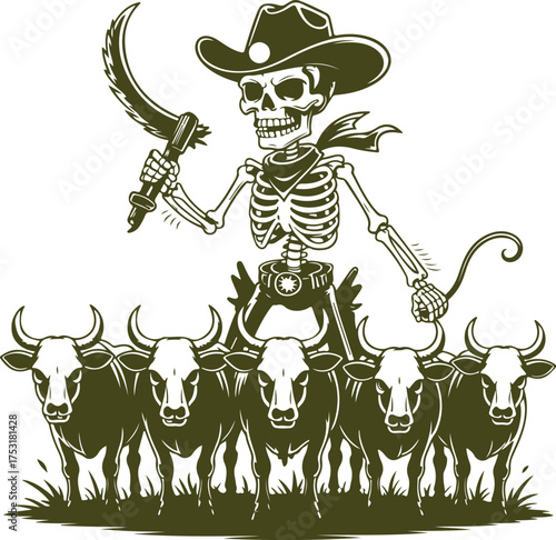Olive Skeleton Cowboy with Whip and Bulls skull western