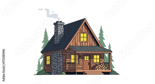 Charming isolated cartoon illustration of a cozy cabin nestled amidst tall pine trees, a rustic mountain retreat with a smoking chimney