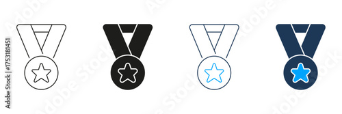 Medal With Star Line And Solid Icon Set. Achievement, Excellence, And Award Recognition Symbol Collection. Honor And Success Representation. Isolated Vector Illustration