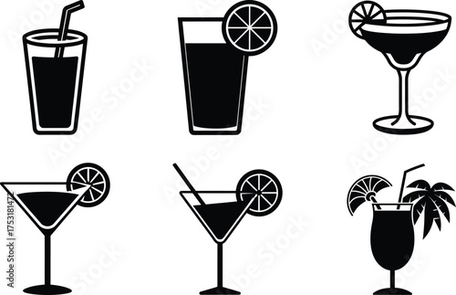 Cocktail and Tropical Drink Glass Silhouette Vector Icons Set