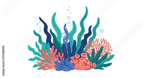 Vibrant underwater flora and fauna with colorful coral reefs and swaying seaweed formations  creating a lively aquatic environment full of sea life