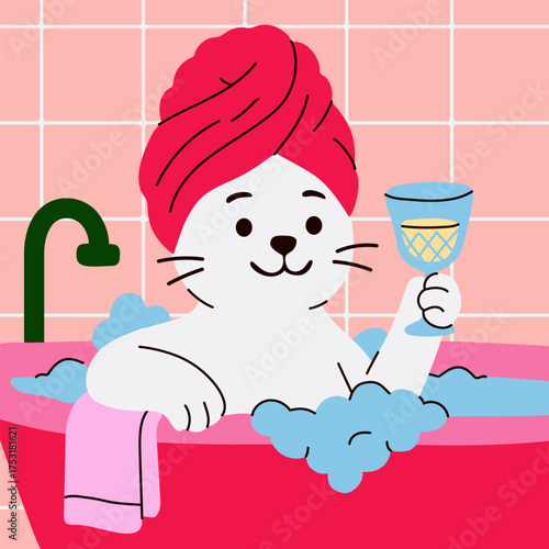 Cartoon Seal in Bathtub with Pink Towel and Glass