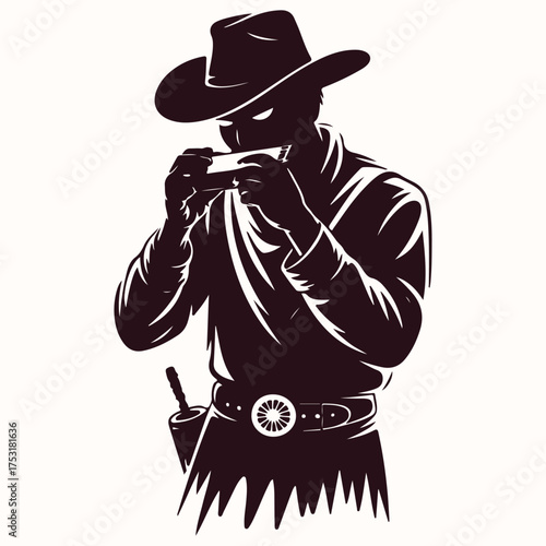 Silhouette of a cowboy playing a harmonica music