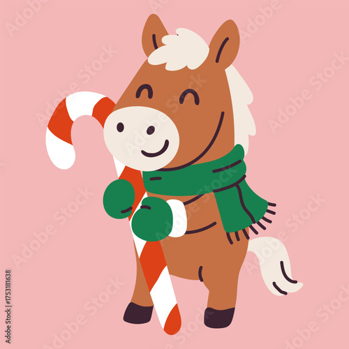 Cute cartoon horse holding a candy cane while wearing a warm scarf and mittens during a festive celebration