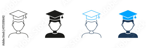 Graduate Student With Cap Line And Solid Icon Set. Academic Achievement And Education Success Symbol Collection. University Graduation And Learning Milestone. Isolated Vector Illustration