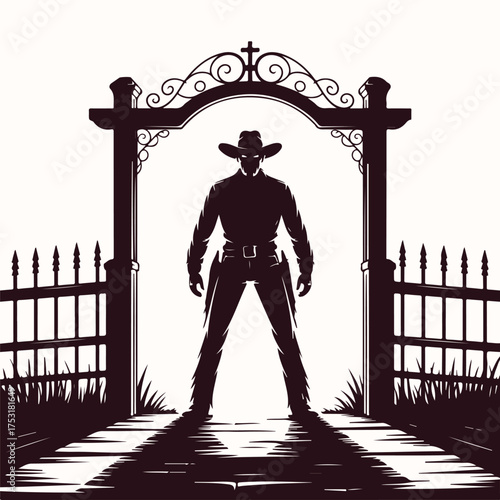 Silhouette of a mysterious cowboy gunslinger standing at an old cemetery gate