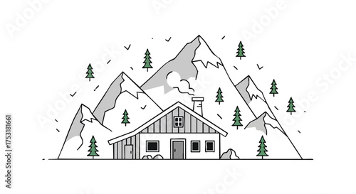 Serene mountain retreat cabin, nestled amid majestic peaks and evergreen trees, minimalist vector illustration style for outdoor lifestyle