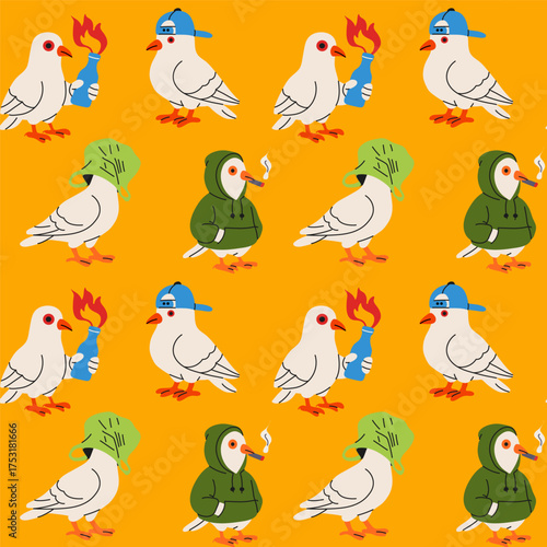Colorful cartoon pigeons in playful outfits on an orange background, showcasing fun designs and lively expressions