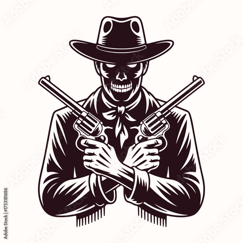 Silhouette of a skull-faced cowboy holding two revolvers