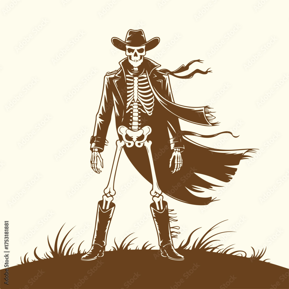 Φωτογραφία Dramatic vintage illustration of a skeleton outlaw dressed as a wild west cowboy