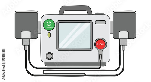 Defibrillator emergency medical device illustration for resuscitation and cardiac arrest treatment technology with paddles for life-saving assistance