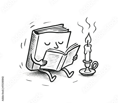 doodle illustration of book reading itself candlelight clean black and white line art with slightly hand drawn strokes gentle motion lines and poetic dreamy surrealism simple and lively