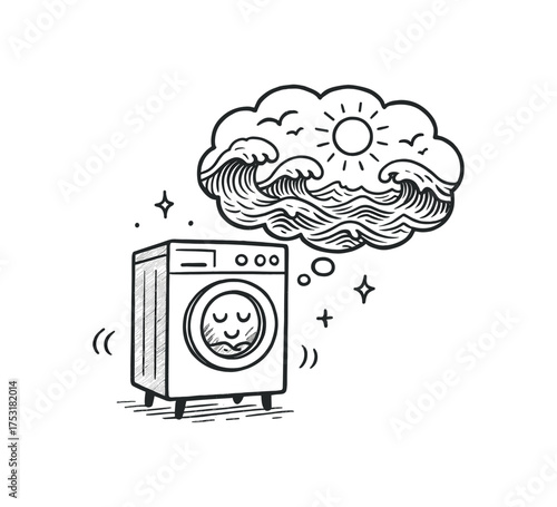 doodle illustration of washing machine daydreaming about oceans clean black and white line art with slightly hand drawn strokes gentle motion lines and poetic surreal details simple and