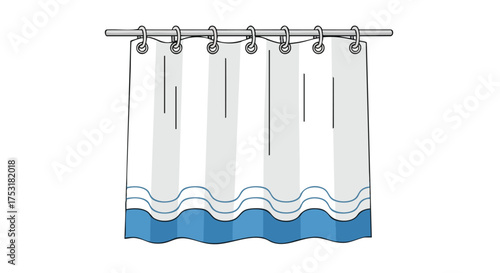 Elegant white bathroom curtain with a blue ocean wave design hangs neatly on a metal rod displaying simplicity and style