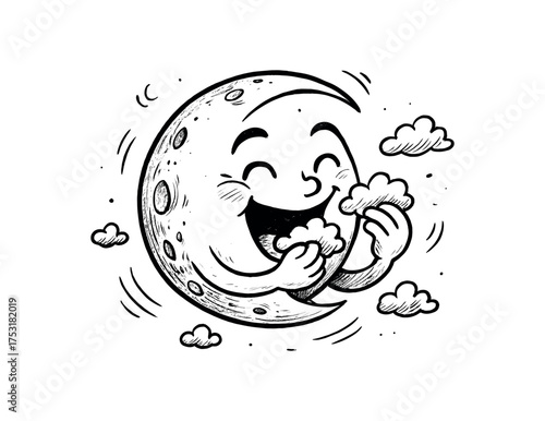 doodle illustration of smiling moon eating tiny clouds clean black and white line art with slightly hand drawn strokes gentle motion lines and eerie dreamy details simple and lively style