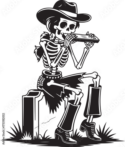 Skeleton cowboy playing harmonica on a tombstone graveyard
