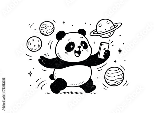 doodle illustration of panda taking selfies with floating planets clean black and white line art with slightly hand drawn strokes gentle motion lines and space absurd details simple and