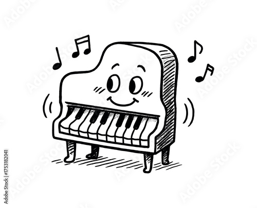 doodle illustration of piano with teeth instead of keys smiling shyly clean black and white line art with slightly hand drawn strokes gentle motion lines and uncanny music details simple