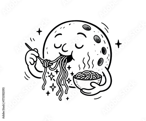 doodle illustration of rocket knitting scarves for planets clean black and white line art with slightly hand drawn strokes gentle motion lines and cozy surreal humor simple and lively style