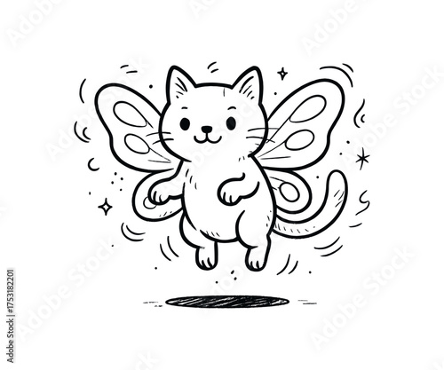 doodle illustration of cat with butterfly wings floating above its shadow clean black and white line art with slightly hand drawn strokes gentle motion lines and ethereal strange details
