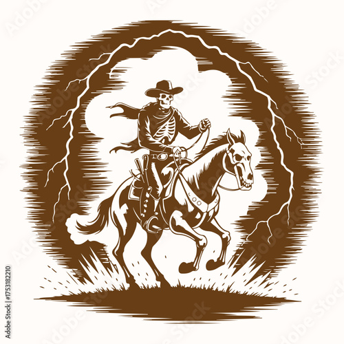 Eerie Rider A Skull-Faced Cowboy on Horseback Amidst a Storm of Lightning