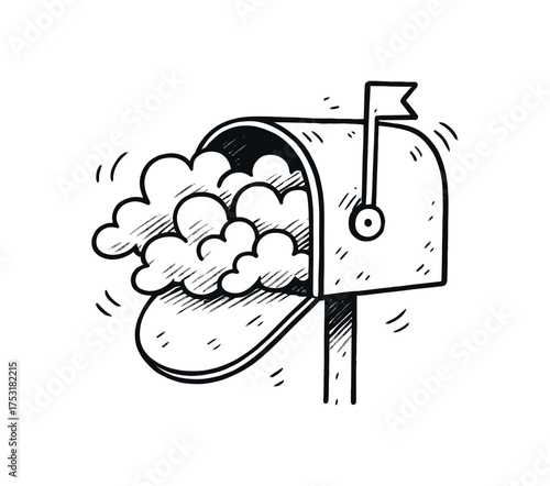doodle illustration of mailbox filled with folded clouds clean black and white line art with slightly hand drawn strokes gentle motion lines and poetic absurd details simple and lively