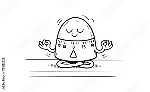 doodle illustration of kitchen timer meditating on the countertop clean black and white line art with slightly hand drawn strokes gentle motion lines and peaceful surreal humor simple and
