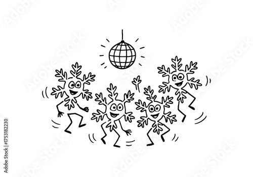 doodle illustration of snowflakes dancing disco midair clean black and white line art with slightly hand drawn strokes gentle motion lines and lively surreal humor simple and lively style