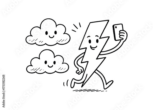 doodle illustration of lightning bolt taking selfies with clouds clean black and white line art with slightly hand drawn strokes gentle motion lines and fun surreal humor simple and lively