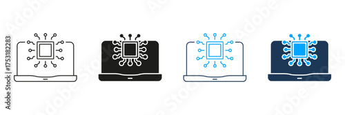 Laptop With Microchip Line And Solid Icon Set. Computer Technology, Digital Processing, And Hardware Integration Symbol Collection. Circuit Board And Computing Power. Isolated Vector Illustration