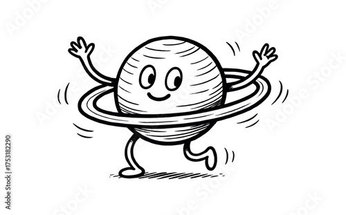 doodle illustration of Saturn hula hooping with its rings clean black and white line art with slightly hand drawn strokes gentle motion lines and lively surreal humor simple and lively