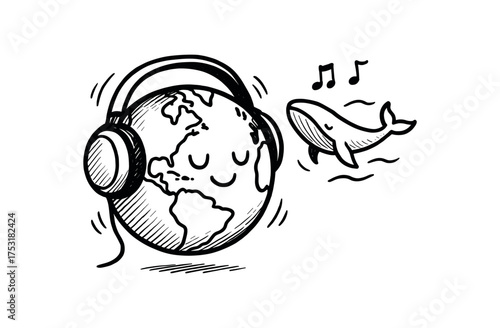 doodle illustration of the Earth wearing headphones listening to whale songs clean black and white line art with slightly hand drawn strokes gentle motion lines and poetic surreal humor