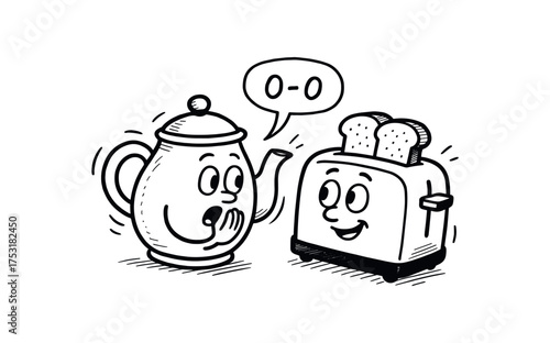 doodle illustration of teapot gossiping with toaster clean black and white line art with slightly hand drawn strokes gentle motion lines and domestic surreal humor simple and lively style