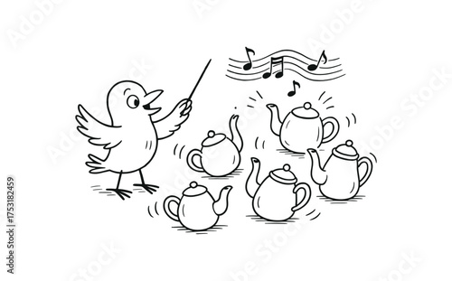 doodle illustration of bird conducting an orchestra of teapots clean black and white line art with slightly hand drawn strokes gentle motion lines and musical absurd surrealism simple and
