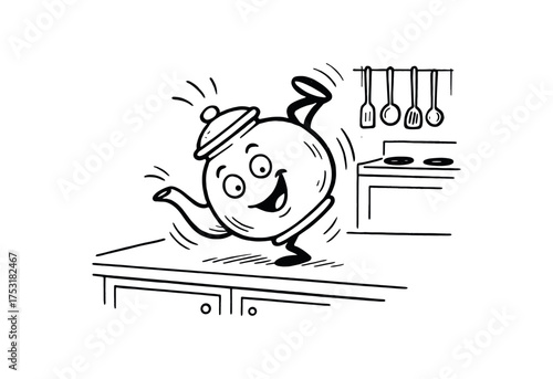 doodle illustration of teapot breakdancing on kitchen clean black and white line art with slightly hand drawn strokes gentle motion lines and comic surreal humor simple and lively style on