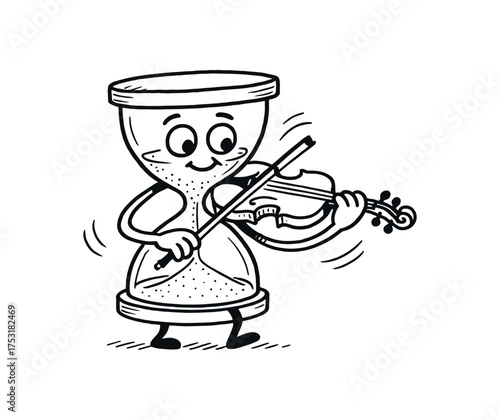 doodle illustration of an hourglass playing violin with sand strings clean black and white line art with slightly hand drawn strokes gentle motion lines and creative surreal humor simple