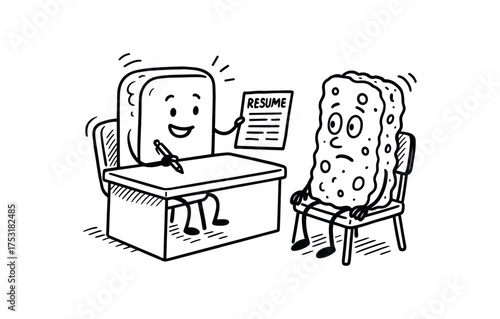 doodle illustration of soap bar interviewing sponge for job clean black and white line art with slightly hand drawn strokes gentle motion lines and surreal comic details simple and lively
