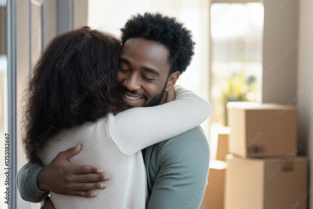 Obraz premium Young happy black couple embracing with closed eyes in their new apartment, celebrating moving into their first home together as packed cardboard boxes stand nearby