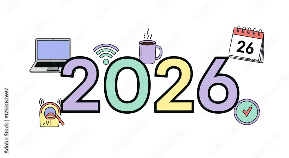 Fototapeta premium Modern digital lifestyle and work concept for the year 2026, featuring laptop, wifi symbol, coffee cup, and calendar