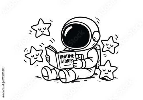 doodle illustration of an astronaut reading bedtime stories to stars clean black and white line art with slightly hand drawn strokes gentle motion lines and cozy surreal humor simple and