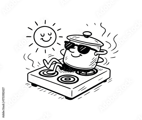 doodle illustration of pot wearing sunglasses sunbathing on the stove clean black and white line art with slightly hand drawn strokes gentle motion lines and comic surreal humor simple and