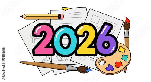 Colorful cartoon the year 2026 with supplies like paint brushes, palette, and pencils scattered around papers