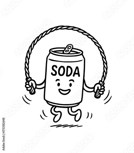 doodle illustration of soda can jumping rope with licorice clean black and white line art with slightly hand drawn strokes gentle motion lines and playful surreal humor simple and lively